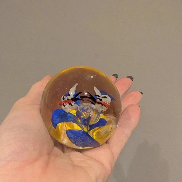 Czech Handcrafted Glass Paperweight with Blue and Yellow Design - Picture 2 of 10